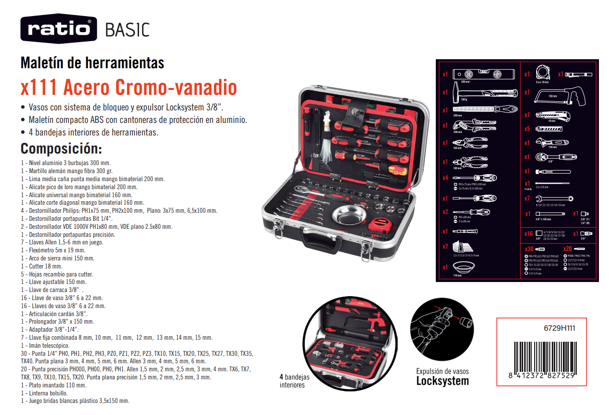 Maletín de 111 herramientas en Acero Cromo-Vanadio - Imagen 4