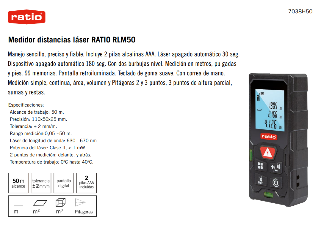 Medidor distancias láser RATIO RLM50 - Imagen 2