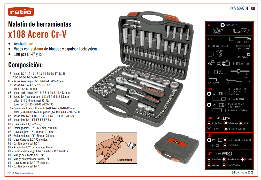 MALETIN HERR.108 PZAS.1/4"1/2"CR-V RATIO - Imagen 2